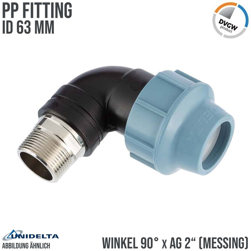 63 mm x 2" PE PP Fitting Klemm Verbinder Rohr Winkel 90° x Messing AG DVGW - Unidelta