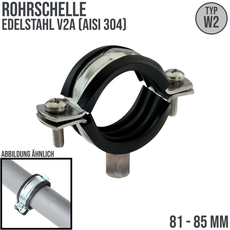 81 - 86 mm Rohr Schraub Schelle Klemme mit Gummieinlage M8 M10 2-teilig Edeltahl AISI 304 DIN 4109