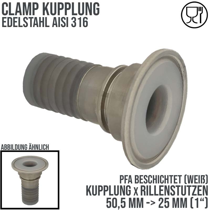 CLAMP Kupplung 50,5 mm Schlauch Rillen Stutzen Tülle PFA beschichtet 25 mm 1" - PN 16 bar