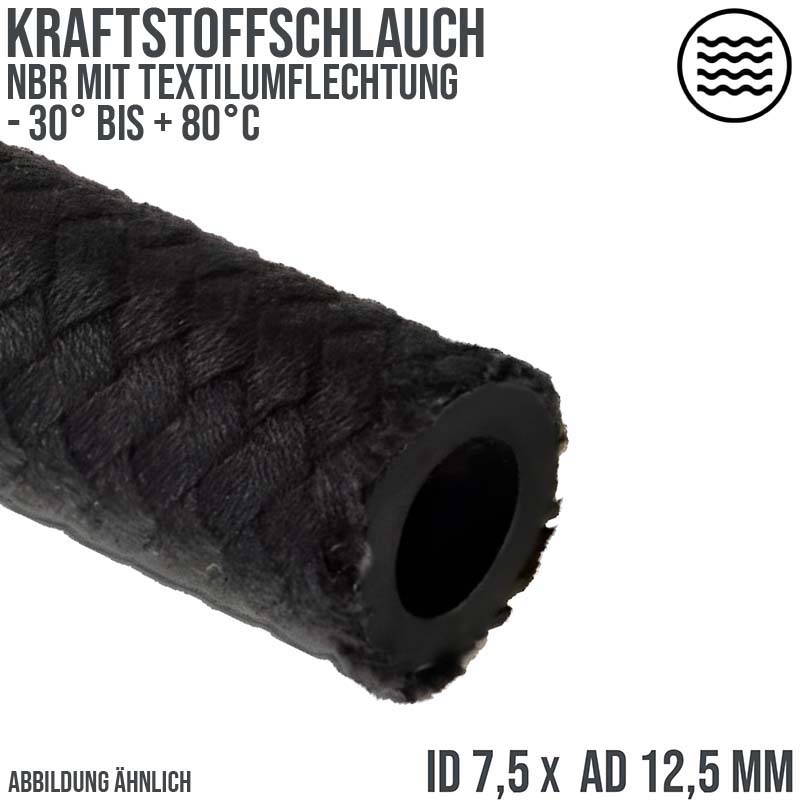 7,5 x 12,5 mm Kraftstoff Benzin Öl Schlauch Textilgeflecht NBR schwarz DIN 73379 - PN 7 bar