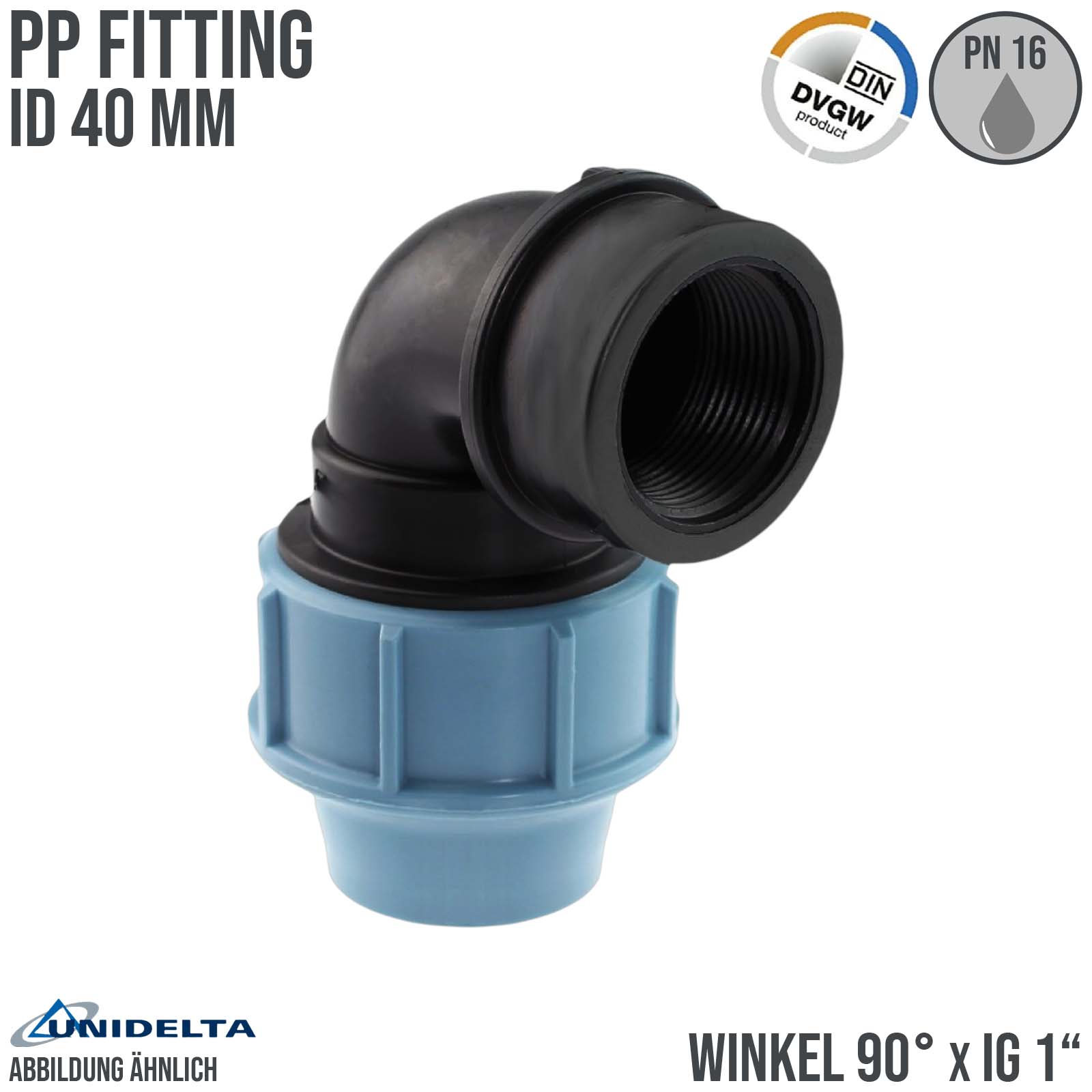 40 mm x 1" PE PP Fitting Klemm Verbinder Verschraubung Rohr Winkel 90° x IG DVGW - Unidelta 