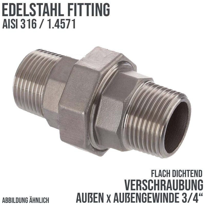3/4" Edelstahl Fitting V4A AISI 316 Verschraubung Außen x Außengewinde AG flach dichtend - PN 16 bar