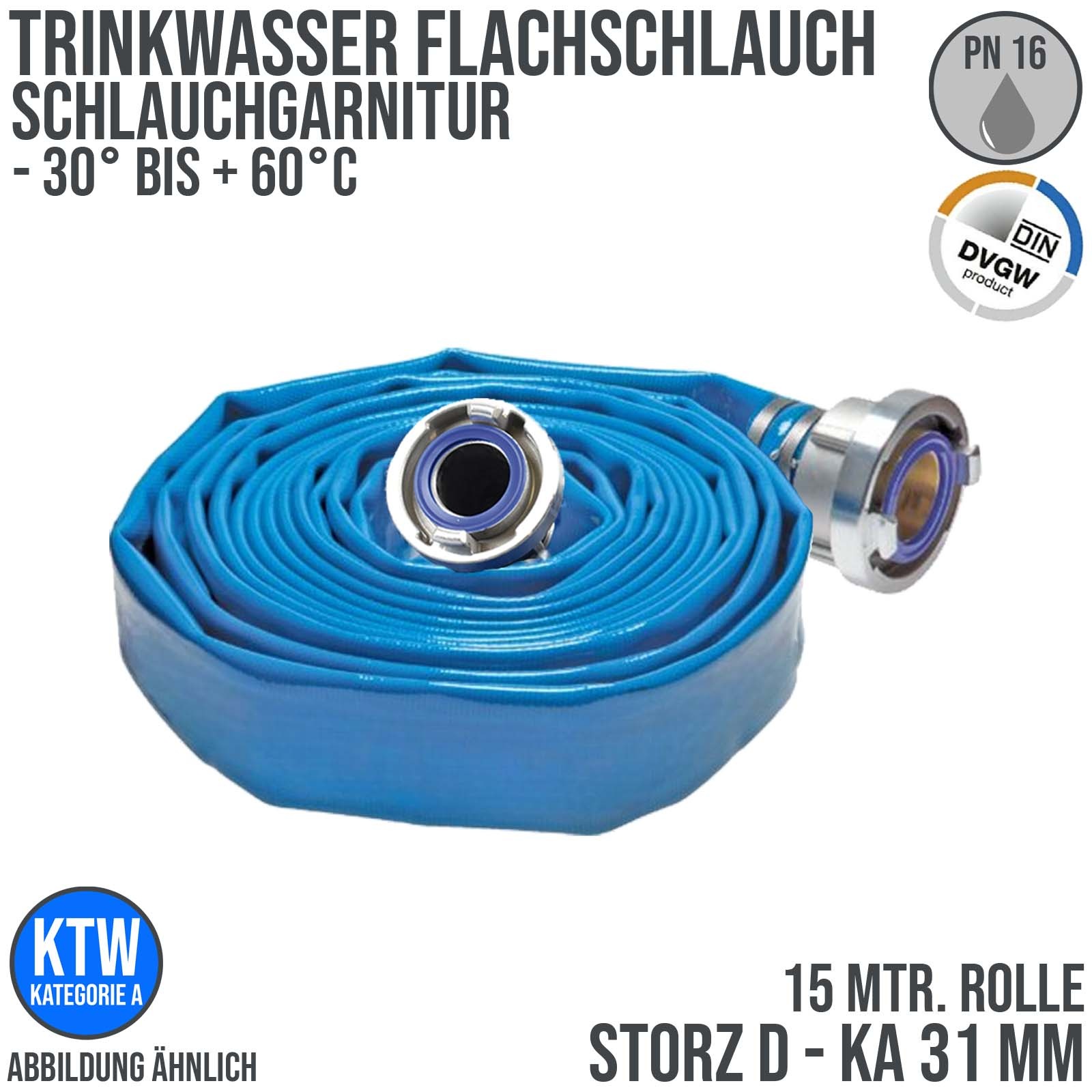 STORZ D KA 31 25 mm 1" Trinkwasser Flach Schlauch DVGW KTW Garnitur blau PN 10 bar - 15 m