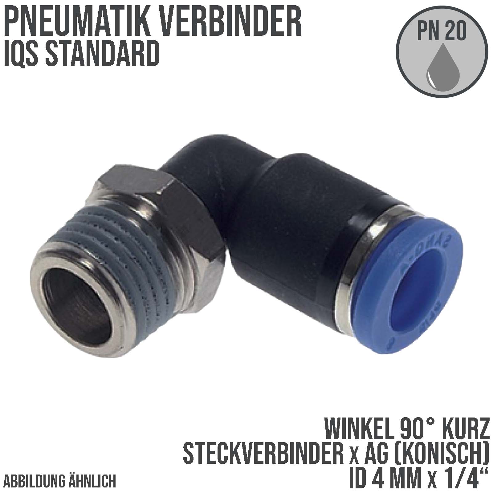 4 mm x 1/4" Pneumatik Steck Verbinder Winkel 90° kurz IQS Außengewinde konisch - PN 20 bar