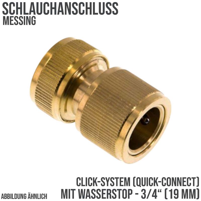 3/4" Schlauchstück Kupplung Click-System Quick Connect mit Wasser-Stop Messing (Gardena kompatibel)