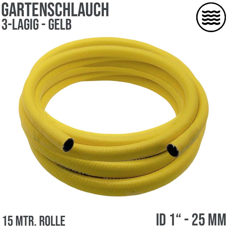 1" 25 mm Garten Wasser Bewässerung Universal Schlauch gelb 3 Lagen - PN 6 bar - 15m