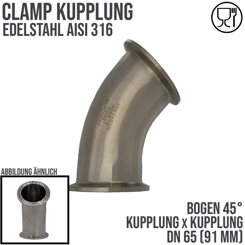 CLAMP Kupplung Bogen 45° 91 mm DIN 32676 Flansch Teller DN 65  2 1/2" - PN 16 bar