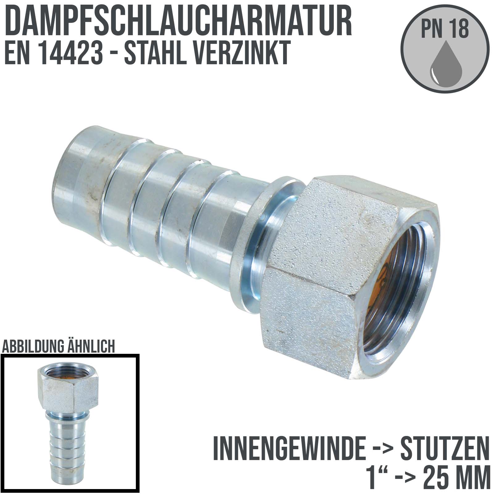 1" Dampfschlaucharmatur Innengewinde Sicherungsbund Stahl verzinkt Stutzen Tülle 25 mm - PN 18 bar