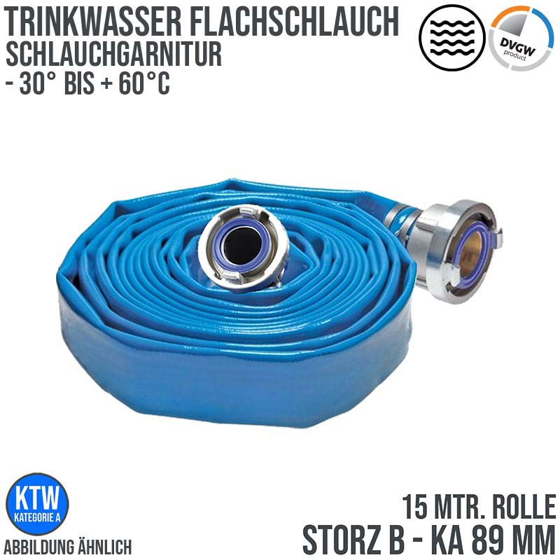 STORZ B KA 89 75 mm 3" Trinkwasser Flach Schlauch DVGW KTW Garnitur blau PN 16 bar - 15 m