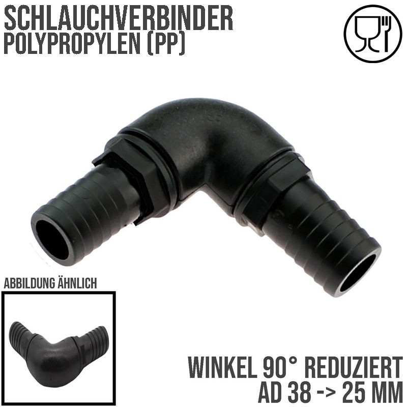 38 x 25 mm Winkel 90° PP Schlauch Verbinder 2-fach Stutzen Tülle Pool Teich Garten schwarz - PN 6 bar