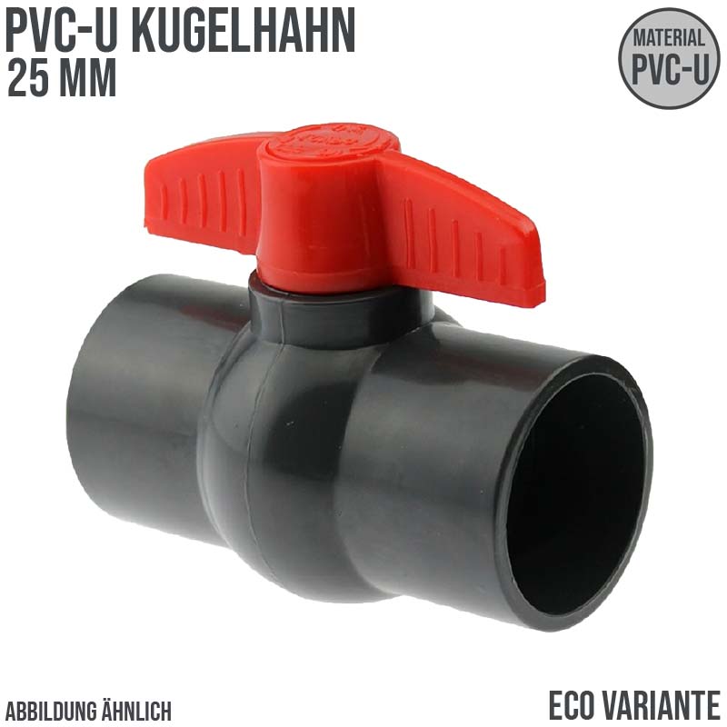 25 mm PVC Kugel Absperr Hahn Ventil ECO beidseitige Klebemuffe Fitting PN6 - roter Griff