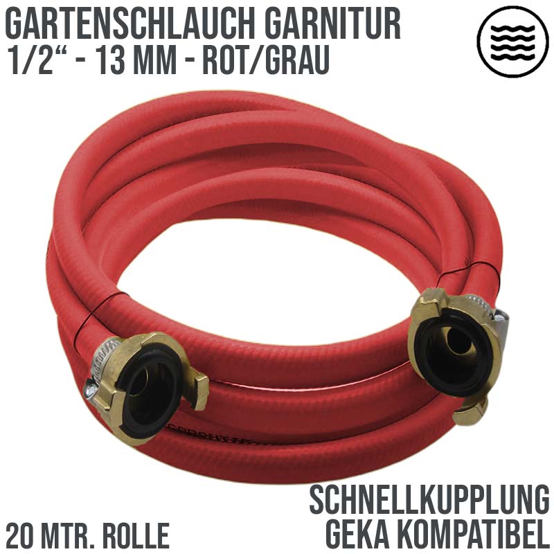 1/2" 13 mm Garten Wasser Bewässerung Schlauch Garnitur rot Schnellkupplung 3 Lagen - PN 10 bar - 20 m