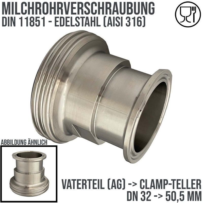 DN 32 Milchrohr Verschraubung DIN 11851 Übergang Adapter Vaterteil Außengewinde -> Clamp Teller 50,5 mm - PN 25 bar
