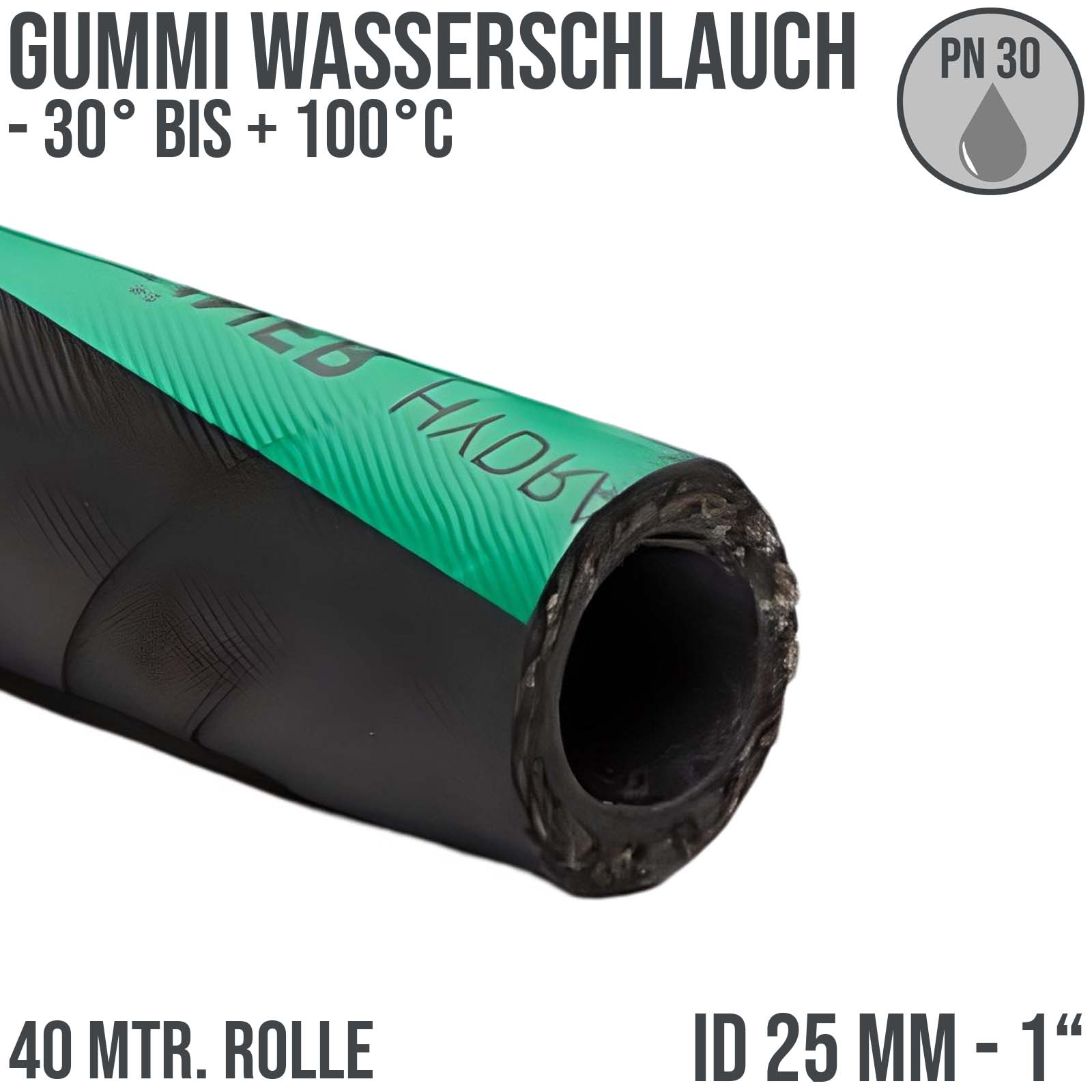 25 mm 1" Gummi Wasser Garten Hochdruck Schlauch HYDRACORD PN 30 bar - 40 m