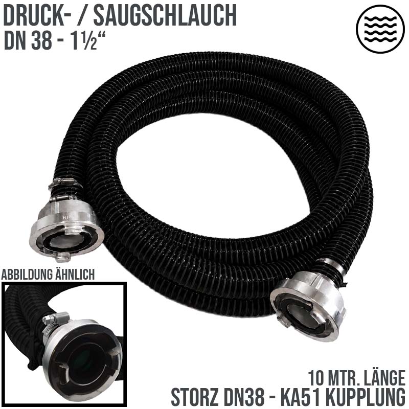 STORZ DN38 KA51 - 38 mm 1 1/2" PVC Saug Ansaug Pumpen Spiral Schlauch PN 5 bar schwarz - 10 m Rolle