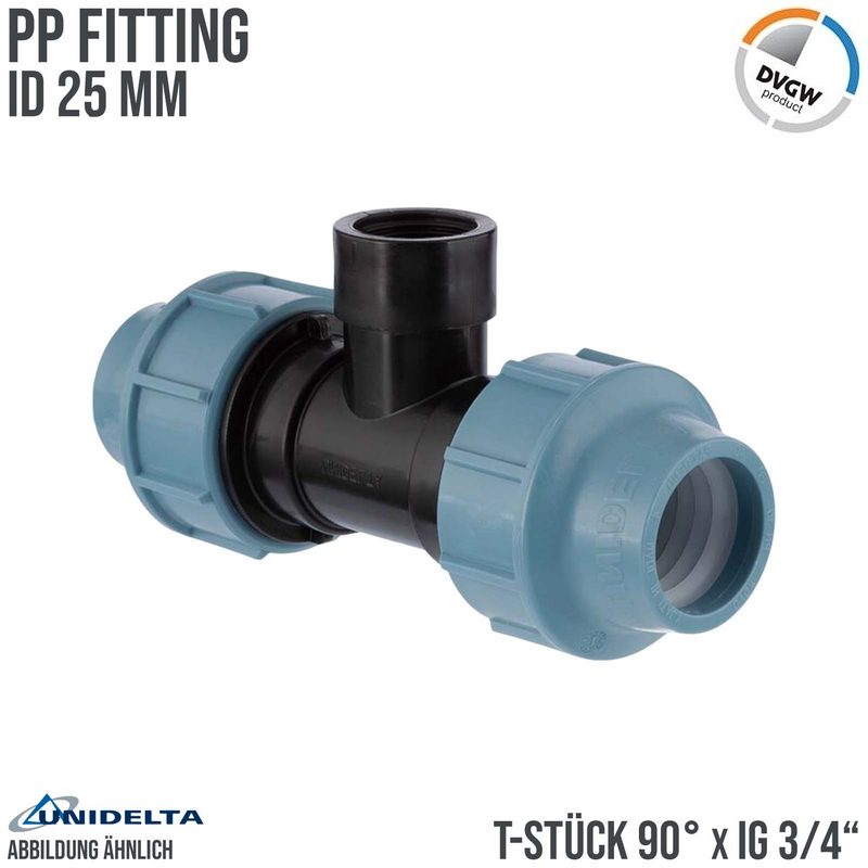 25 mm x 3/4" PE PP Fitting Klemm Verbinder Verschraubung Rohr T-Stück 90° x IG DVGW - Unidelta