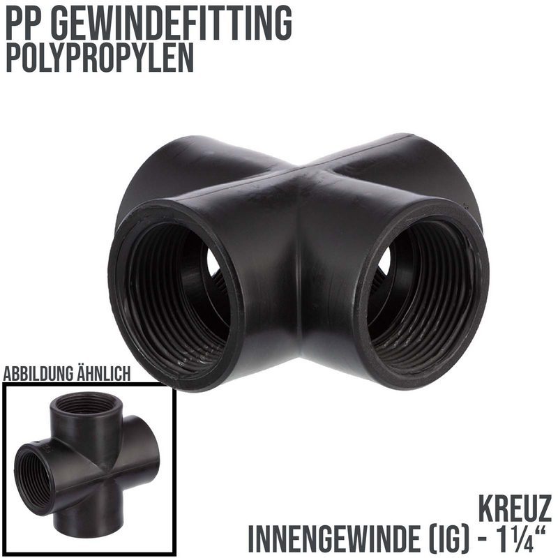 1 1/4 " PP Gewinde Fitting Kreuz schwarz 4-fach Innengewinde IG Polypropylen - PN 10 bar