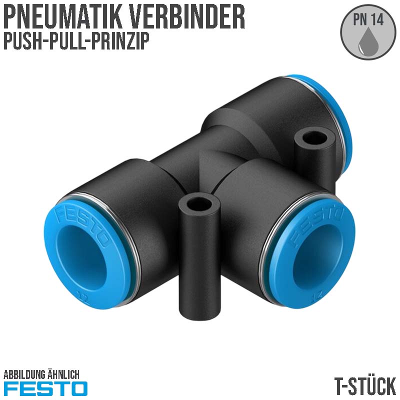 16 mm Pneumatik Schnell Steck Verbinder QS T-Stück blau/schwarz QS-4 (153036) - PN 14 bar