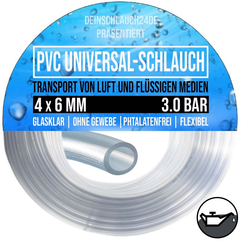 4 x 6 mm PVC Flüssigkeit Öl Luft Wasser Universal Labor Schlauch klar durchsichtig - PN 2 bar