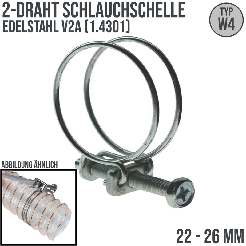 22 - 26mm 2 Draht Schlauch Schelle W4 Edelstahl AISI 1.4301