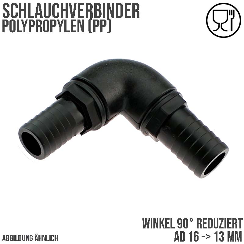 16 x 13 mm Winkel 90° PP Schlauch Verbinder 2-fach Stutzen Tülle Pool Teich Garten schwarz - PN 6 bar