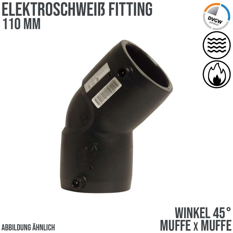 110 mm PE 100 Elektro Schweiß Fitting Winkel 45° Muffe SDR 11 DVGW 24 VAC schwarz