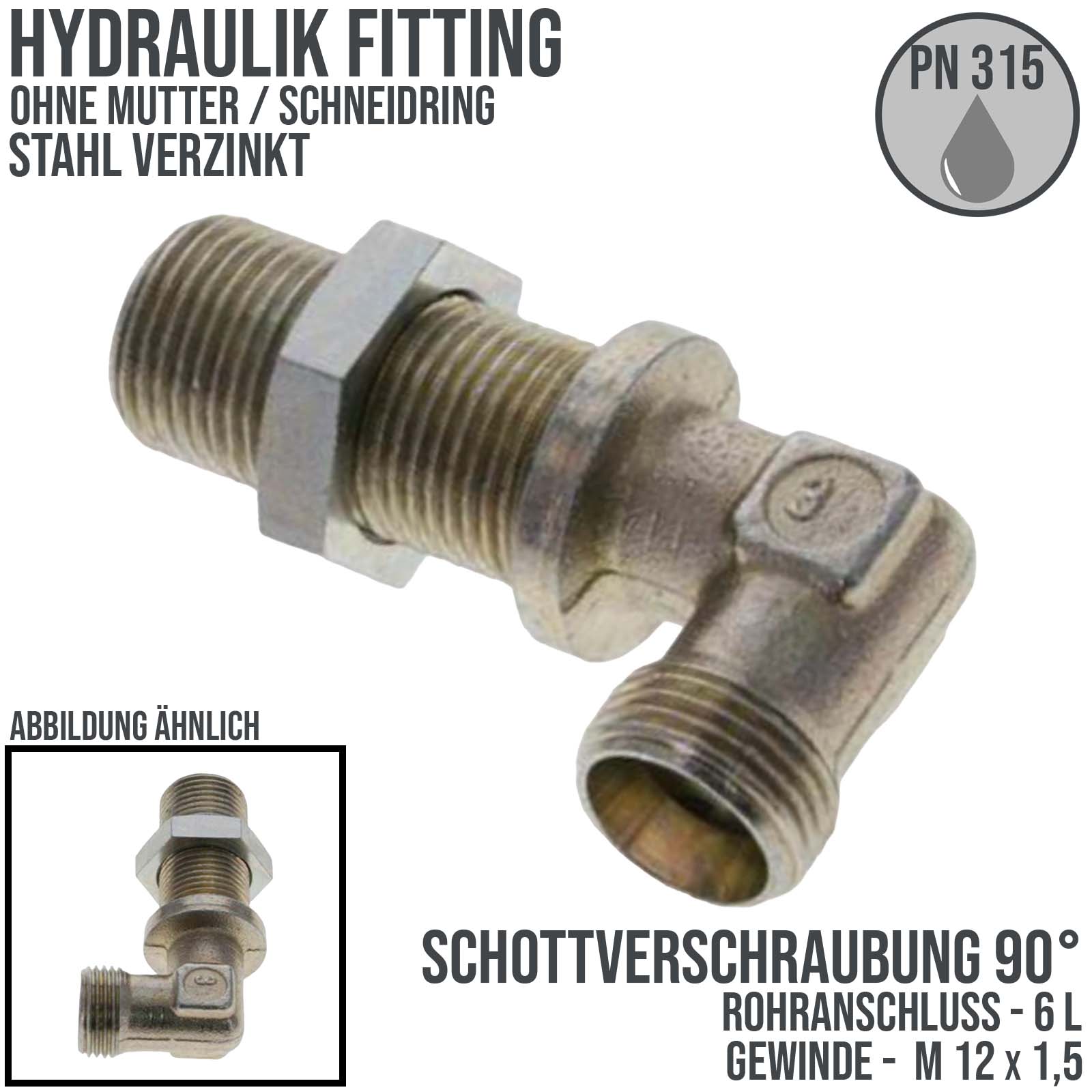 6 L Schneidring Winkel 90° Schott Verschraubung (M 12 x1,5) AG ohne Mutter / Schneidring - PN 315 bar