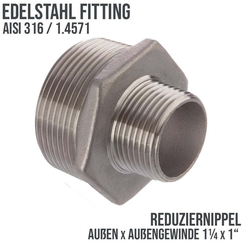 1 1/4" Edelstahl Fitting V4A AISI 316 Nr. 245 - Reduktionsnippel Außen x Außengewinde AG - 1 1/4" x 1" - PN 16 bar