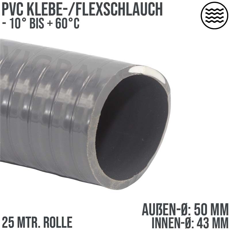 50 x 43 mm PVC Klebe Flex Spiral Schwimmbad Pool Teich Schlauch grau PN 6 bar - 25 m