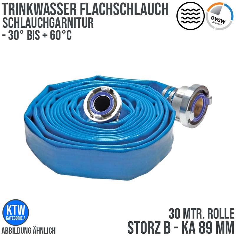 STORZ B KA 89 75 mm 3" Trinkwasser Flach Schlauch DVGW KTW Garnitur blau PN 16 bar - 30 m