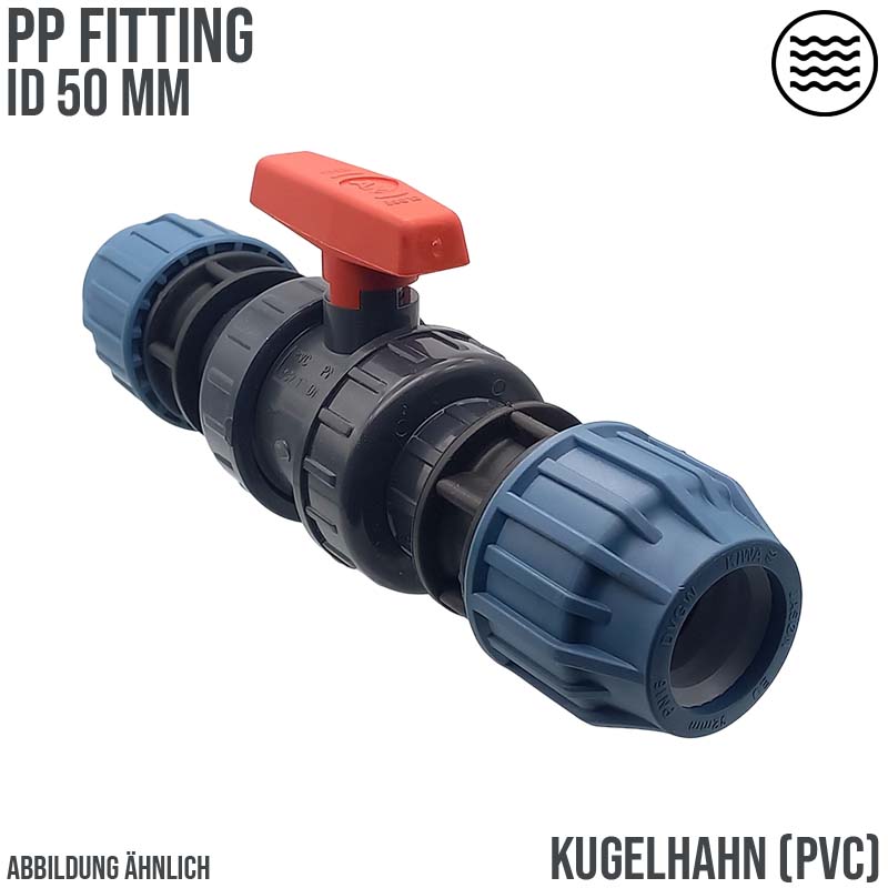 50 mm PE PP Fitting Klemm Verbinder Verschraubung Kugelhahn (rot) mit 2-fach Muffe