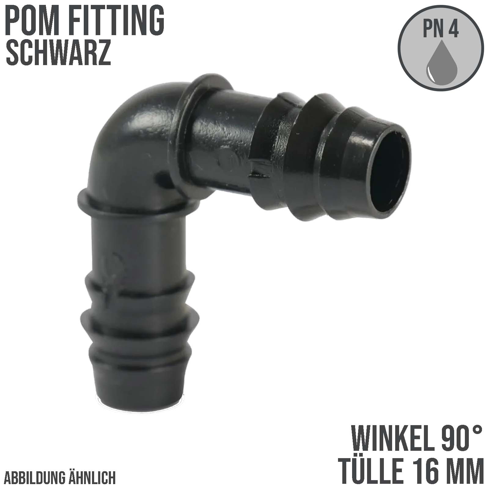 16 mm POM Winkel 90° Schlauch Verbinder Stutzen Tülle Kupplung Tropf Fitting schwarz PN 4 bar
