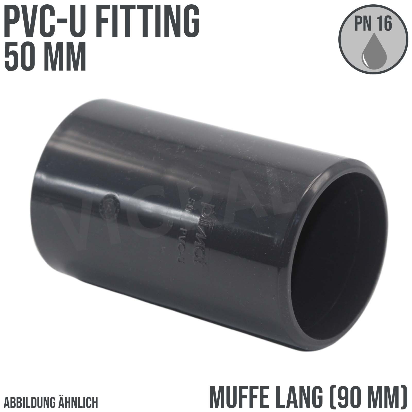 50 mm PVC Klebe Fitting Muffe Verbinder (90 mm Länge) - PN 16 bar