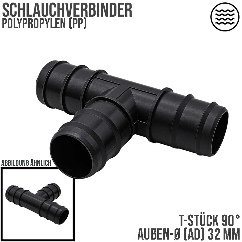 32 mm T-Stück PP Schlauch Tülle Stutzen Verbinder Pool Schlauch schwarz - PN 4 bar