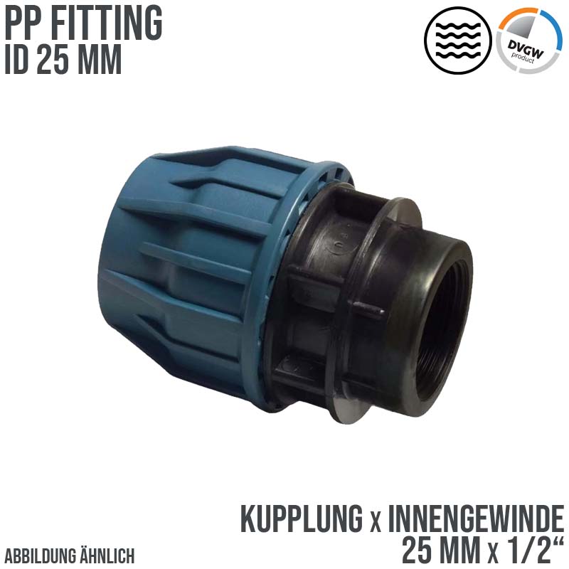 25 mm x 1/2" PE PP Fitting Klemm Verbinder Verschraubung Muffe Rohr Kupplung x IG DVGW - PN 16 bar