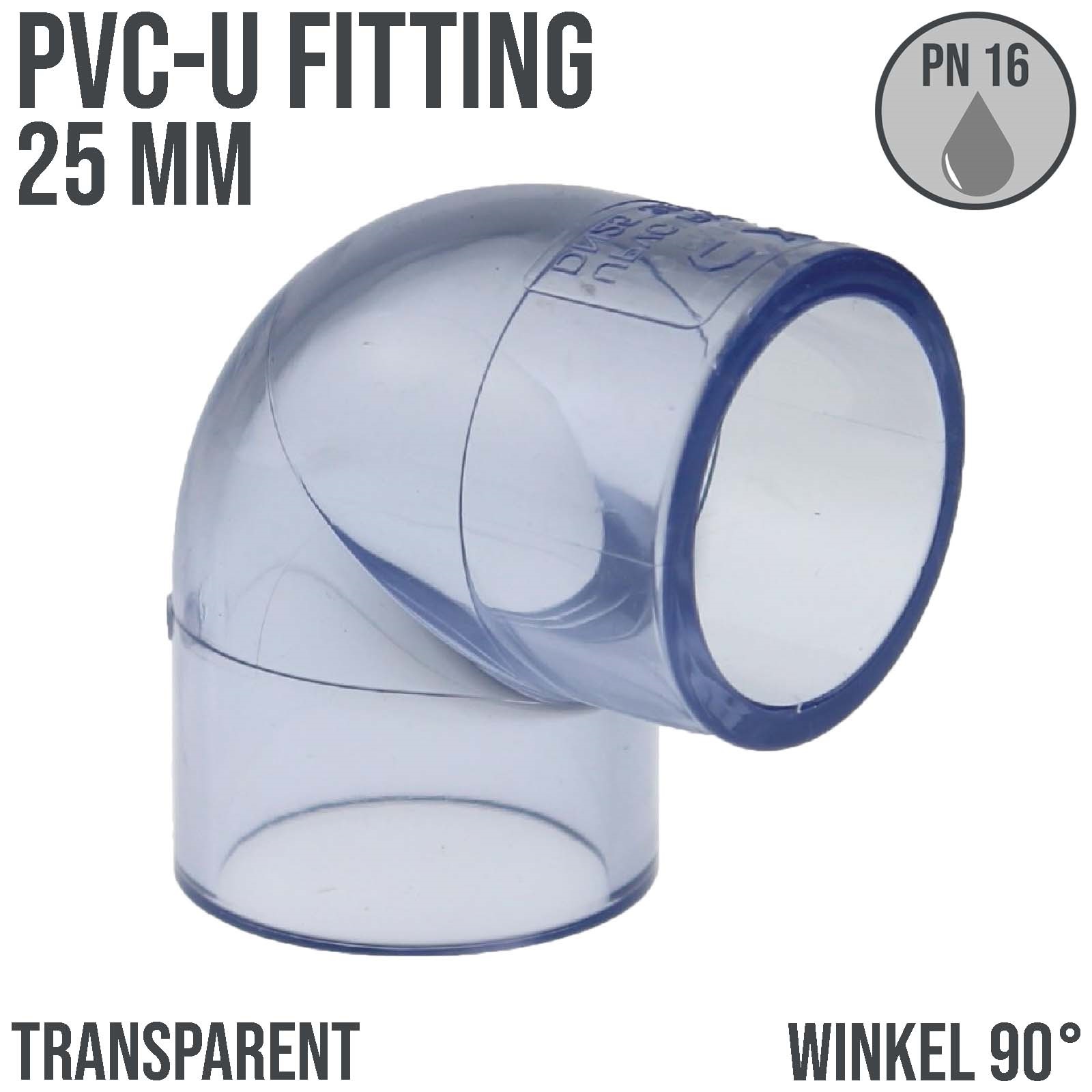 25 mm PVC Klebe Fitting Winkel 90° Muffe Verbinder - transparent durchsichtig - PN 16 bar