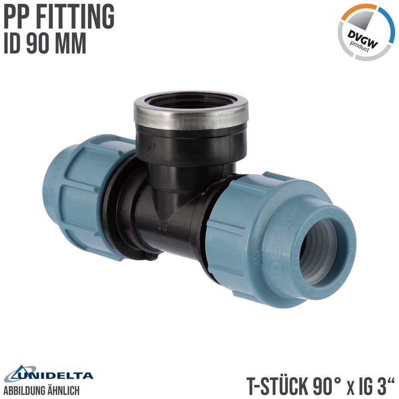 90 mm x 3" PE PP Fitting Klemm Verbinder Verschraubung Rohr T-Stück 90° x IG DVGW - Unidelta