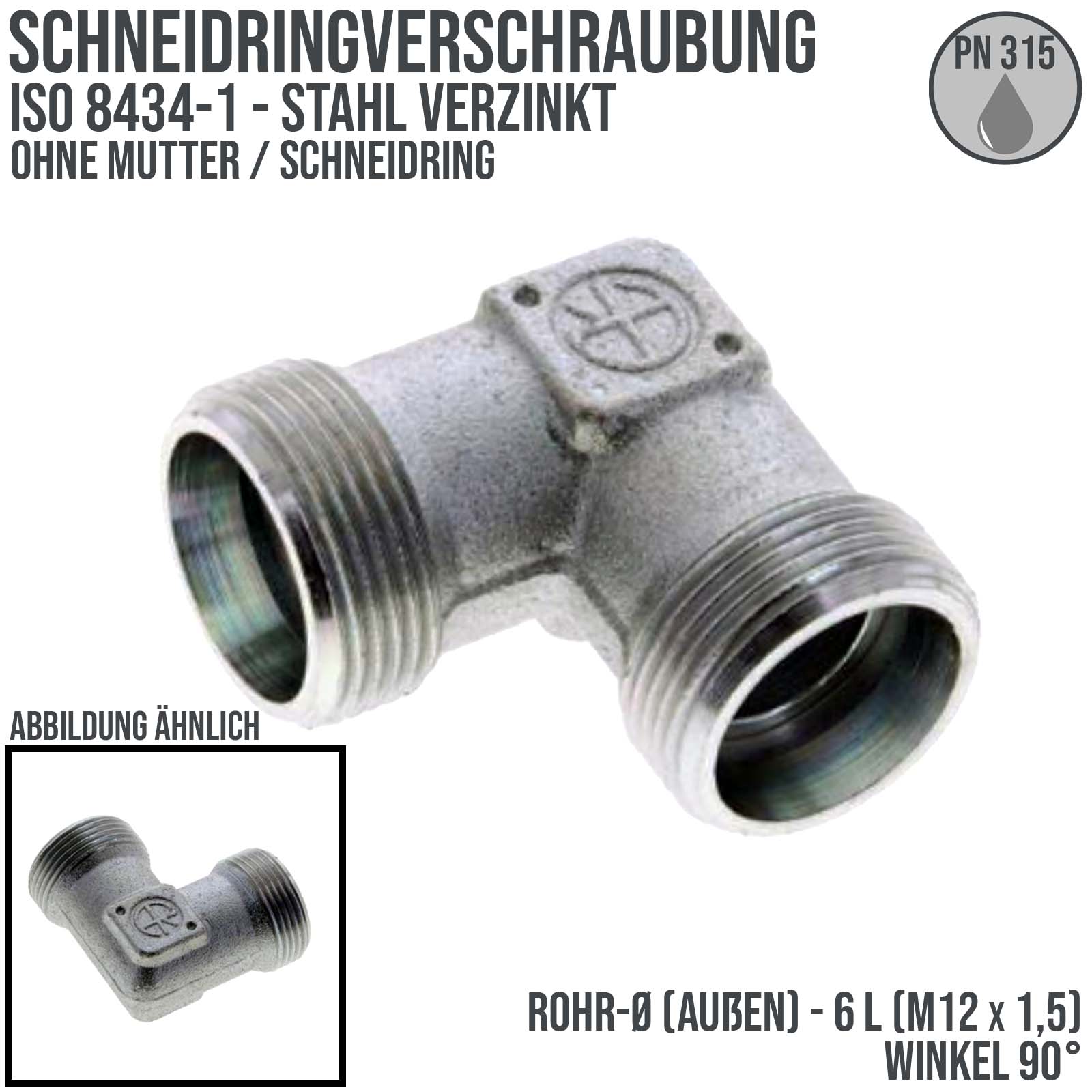 6 L Schneidring Verschraubung Winkel 90° M 12 x 1,5 AG ohne Mutter / Schneidring - PN 315 bar