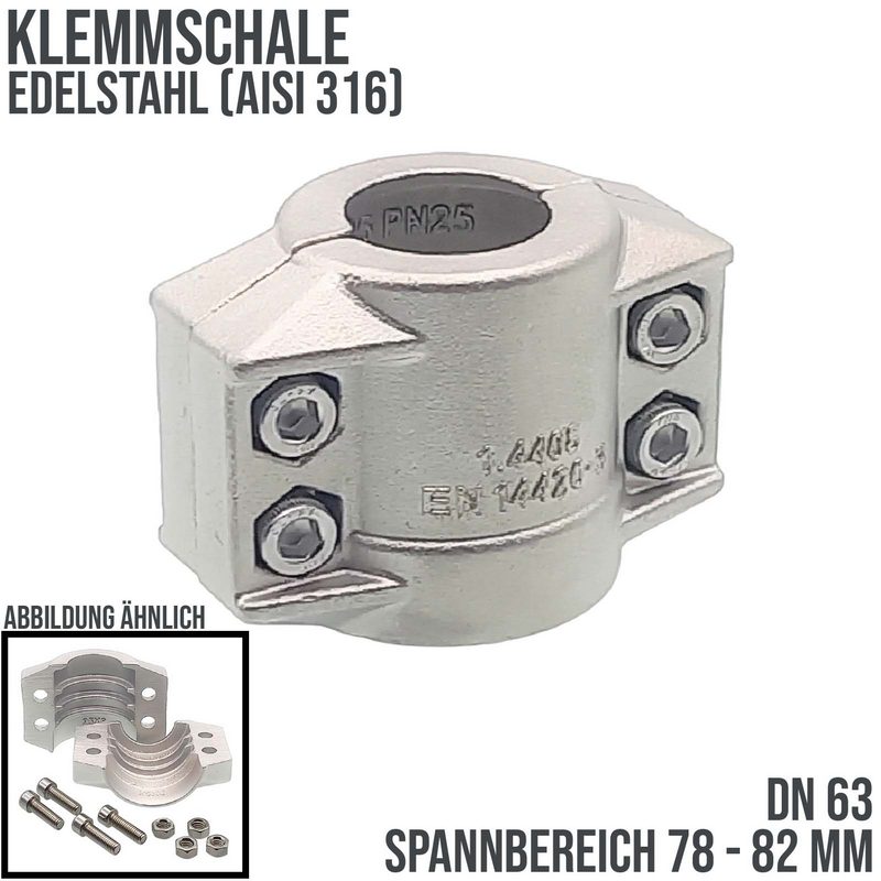 DN 63 Klemmschale Edelstahl AISI 316 Spannbereich 78 - 82 mm für Schlauch ID x AD 63 x 79 mm - PN 25 bar
