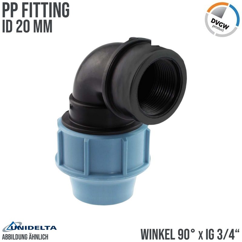 20 mm x 3/4" PE PP Fitting Klemm Verbinder Verschraubung Rohr Winkel 90° x IG DVGW - Unidelta