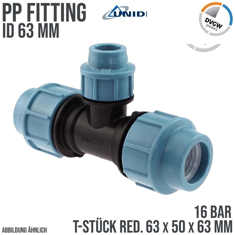 63 x 50 x 63 mm PE PP Fitting Klemm Verbinder Verschraubung Muffe reduziert T-Stück 90° DVGW - Unidelta