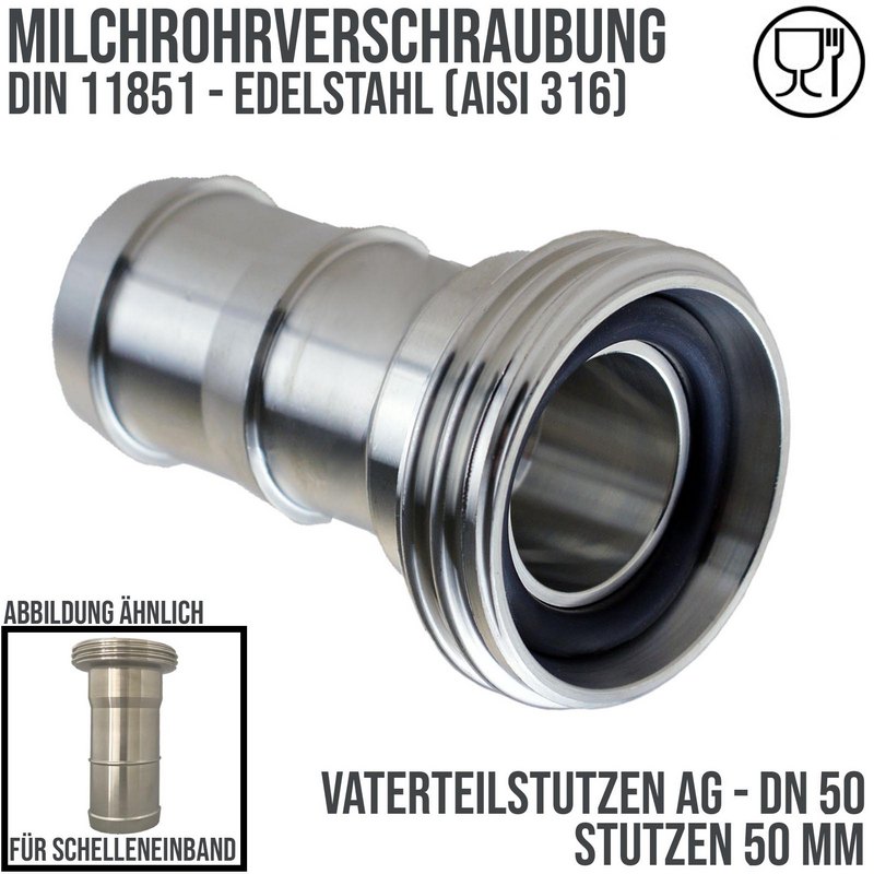 DN 50 Milchrohr Verschraubung DIN 11851 Vaterteil Stutzen VT Außengewinde RD Schelleneinband - Stutzen gedreht 50 mm - PN 25 bar