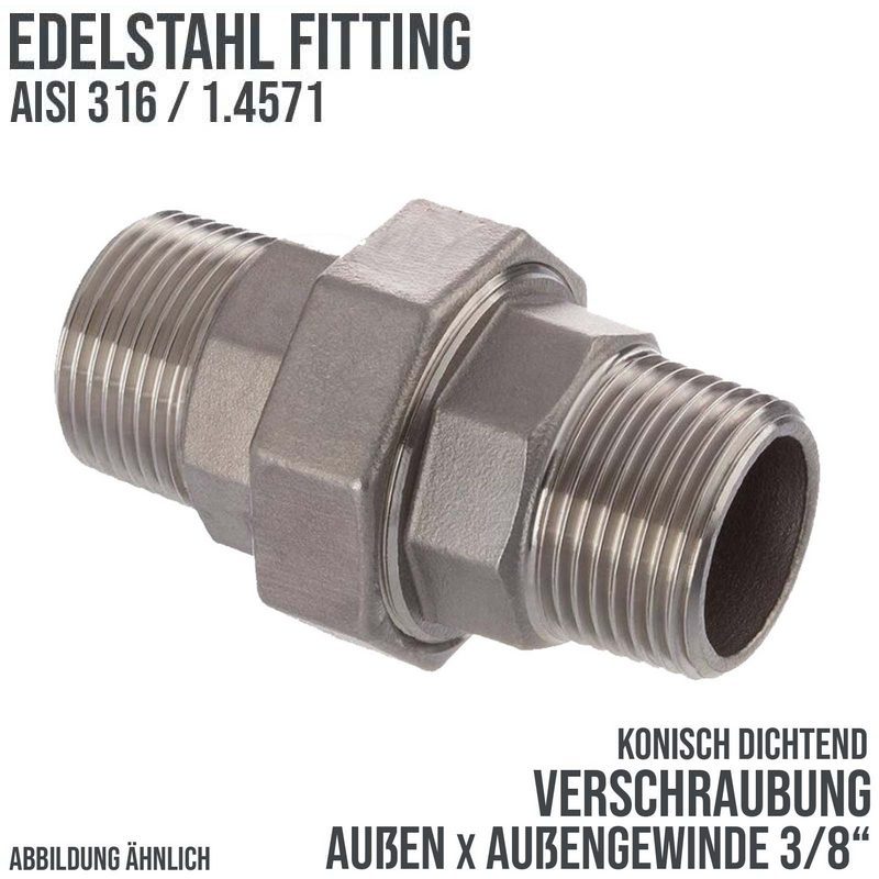 3/8" Edelstahl Fitting V4A AISI 316 Verschraubung Außen x Außengewinde AG konisch dichtend - PN 16 bar