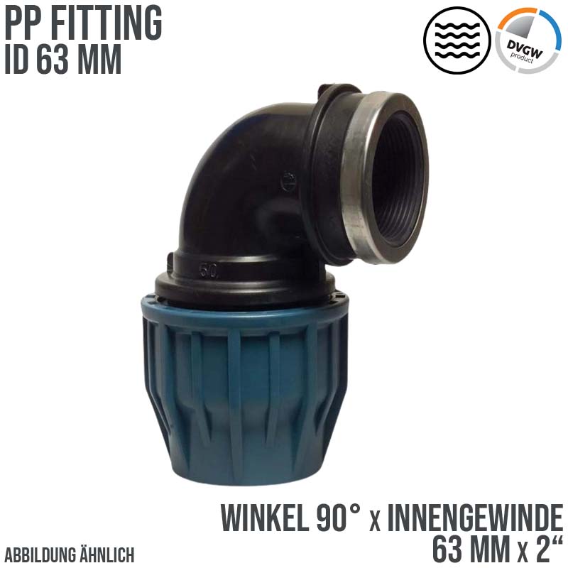63 mm x 2" PE PP Fitting Klemm Verbinder Verschraubung Rohr Winkel 90° x IG DVGW - PN 16 bar
