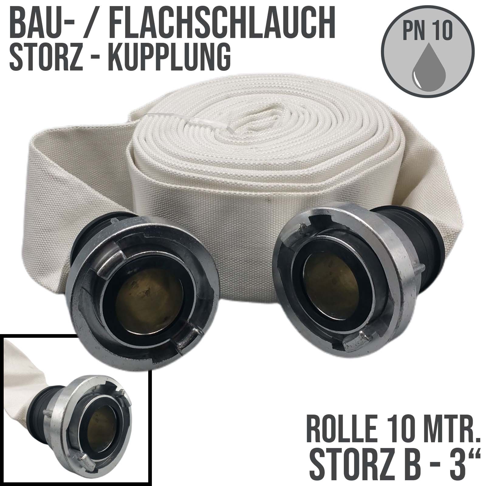 STORZ B KA 89 75 mm 3" Bau Feuerwehr Flach Pumpen Industrie Schlauch Garnitur PN 10 bar - 10 m