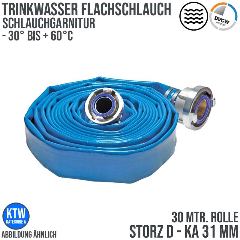 STORZ D KA 31 25 mm 1" Trinkwasser Flach Schlauch DVGW KTW Garnitur blau PN 16 bar - 30 m