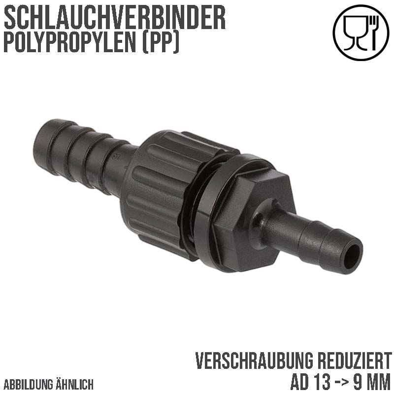 13 x 9 mm Schlauch Verschraubung reduziert 2-fach Stutzen Tülle Pool Teich Garten PP schwarz - PN 6 bar