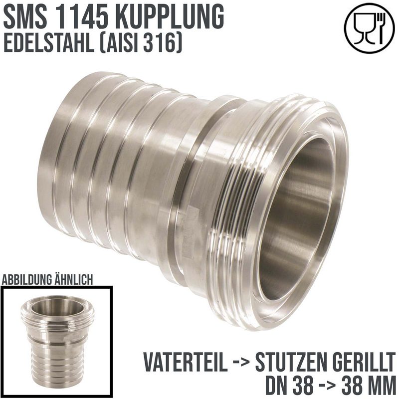 DN 38 SMS Kupplung 1145 Vaterteil VT Außengewinde Sicherungsbund - Stutzen gerillt 38 mm - PN 25 bar