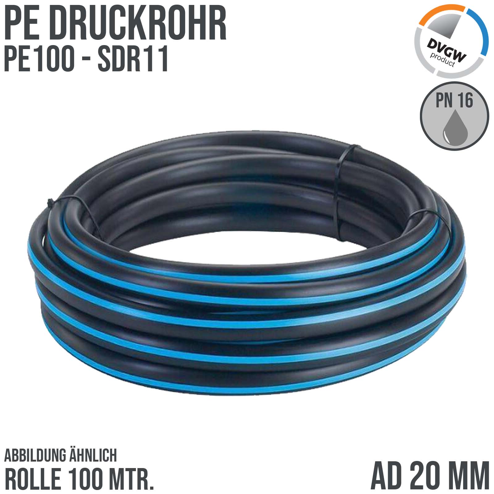 20 x 2,0 mm PE PP Rohr HD Druckrohr Trink Brauch Wasser PE 100 DVGW SDR 11 PN 12,5 bar - 100 m Rolle