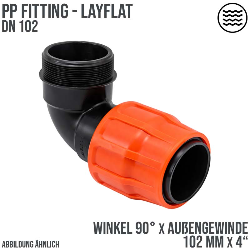 102 mm x 4" PE PP Fitting Layflat Klemm Verbinder Winkel 90° x Außengewinde AG Flach Schlauch - PN 6 bar